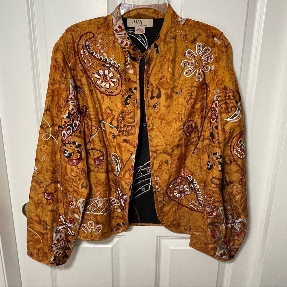 Anu by Natural Silk Embroidered Beaded Open Jacket Mandarin Neckline Large - Picture 9 of 16